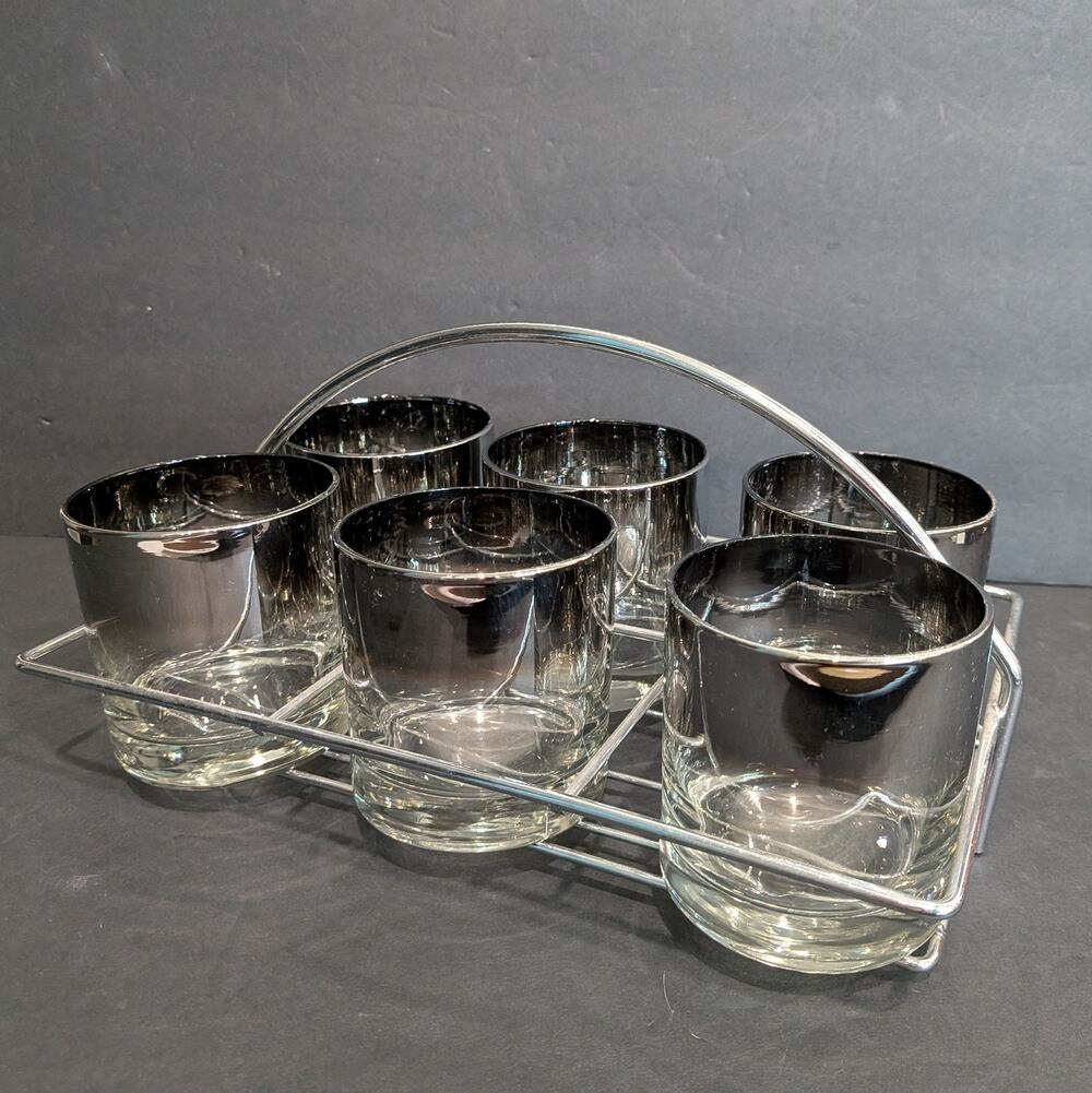 Vintage Mid Century Modern Silver Rim Lowball Glasses with Wire Caddy Set of 6